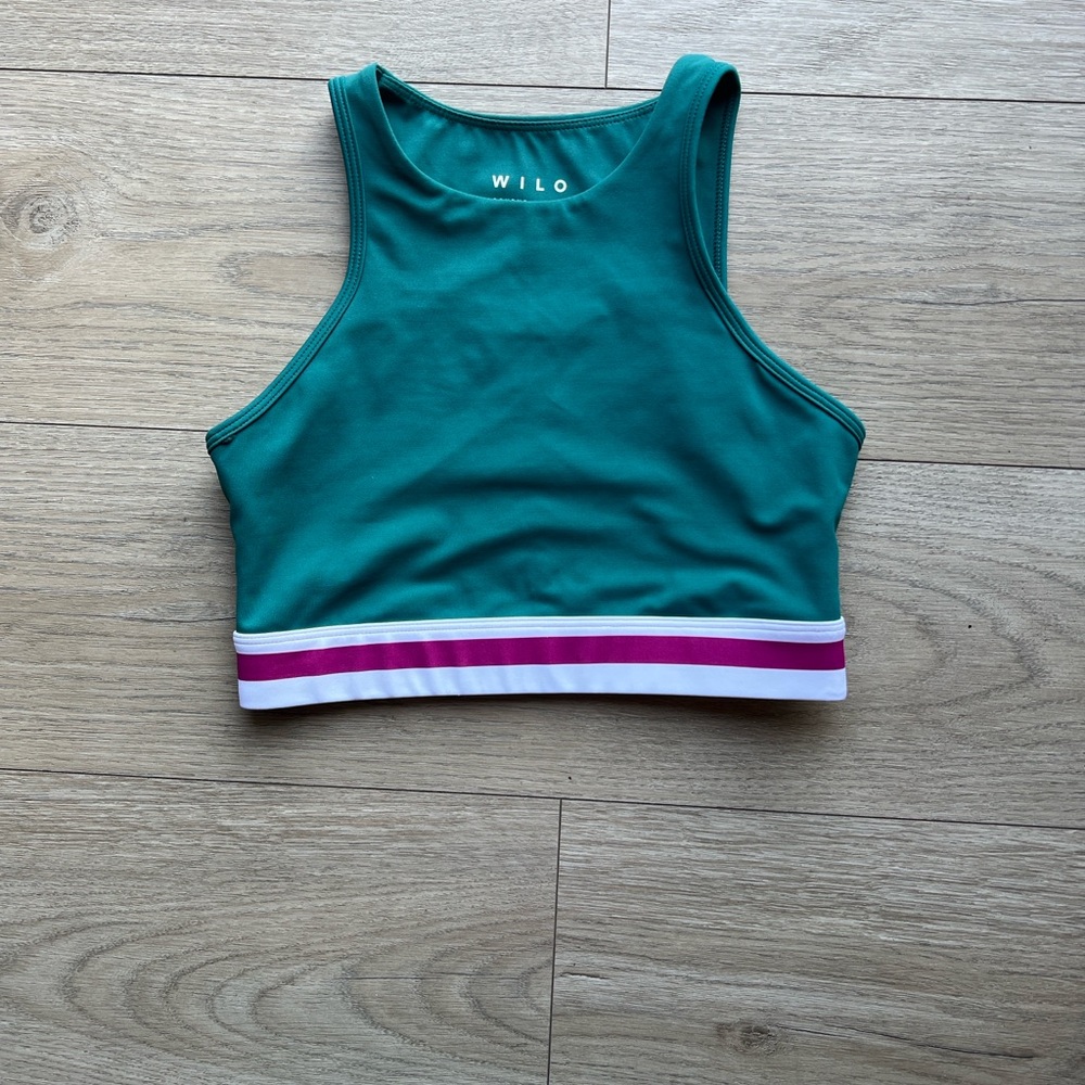 Wilo green/bluish Sports Bra with Pink and White Stripes